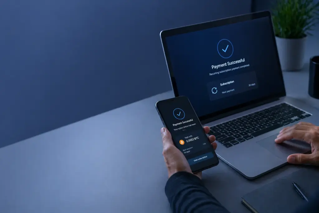 A realistic modern scene of a user making a recurring digital subscription payment using cryptocurrency on a laptop or smartphone