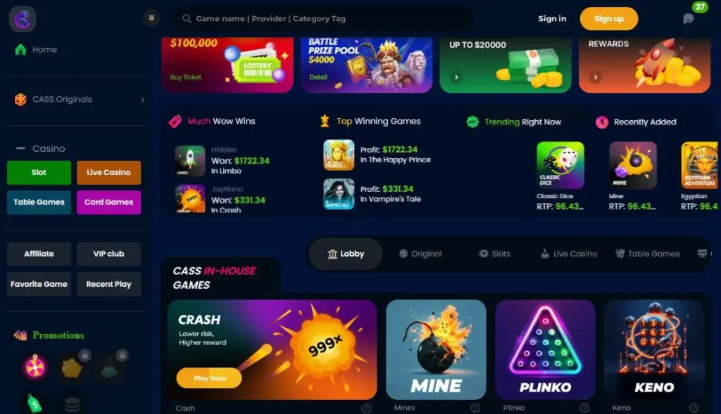 Crypto casino interface displaying welcome bonus and user balance after deposit