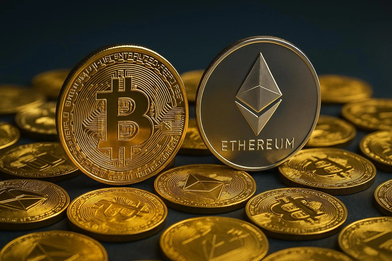Bitcoin and Ethereum comparison showing two different cryptocurrency systems side by side