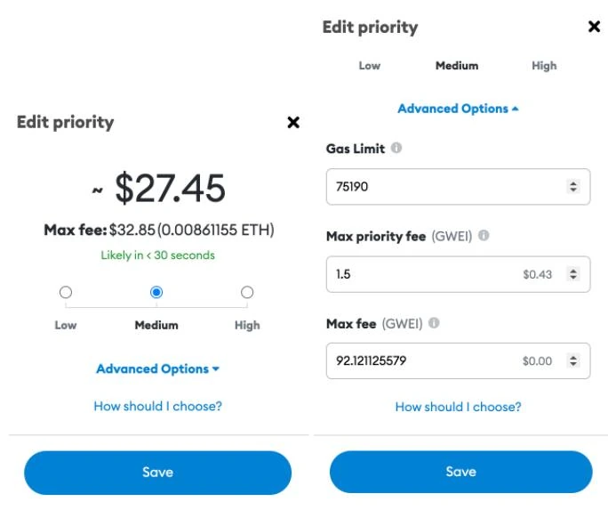 Crypto transaction fees comparison showing Ethereum gas fees and Bitcoin network fees