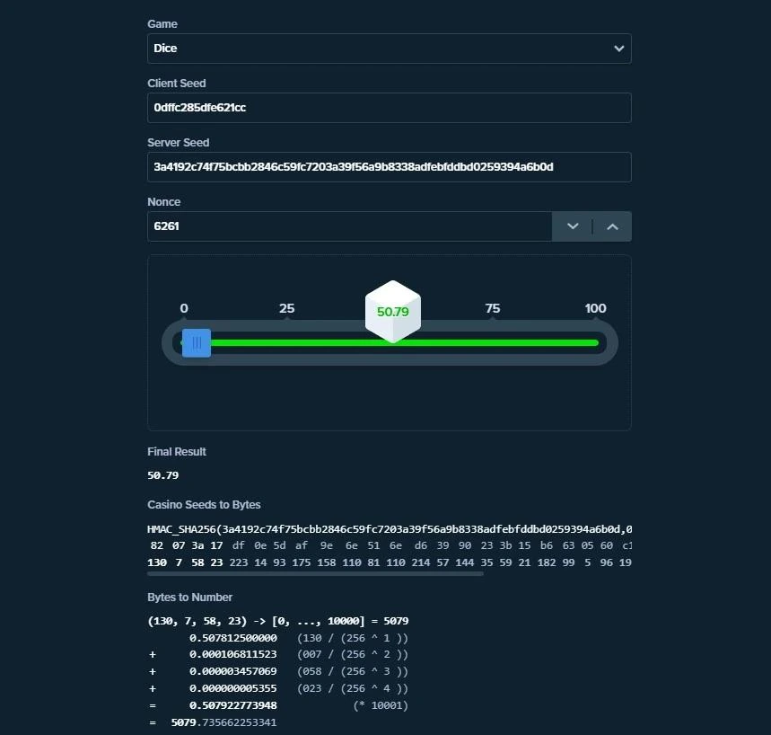 Provably fair system interface showing seed hash and verification process for game results